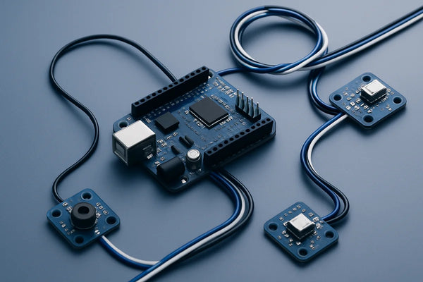 A controller board wired to three sensor modules using different connection groupings
