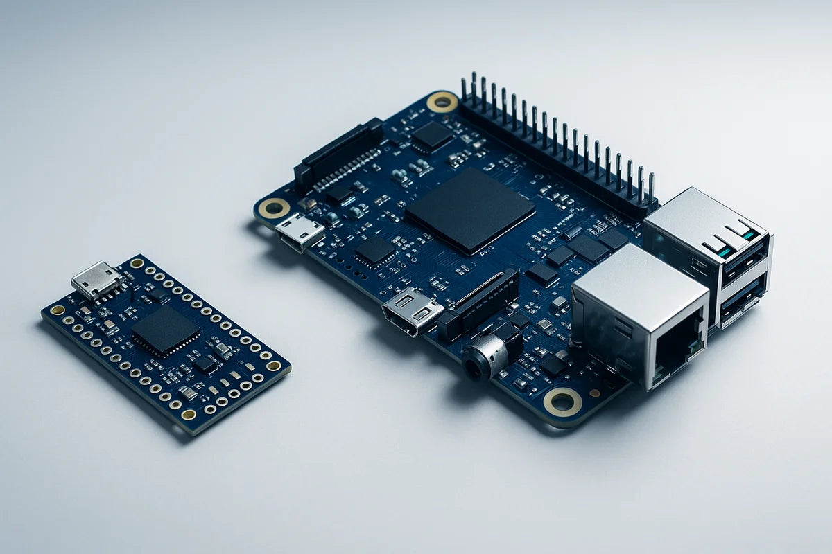 Compact microcontroller board next to a larger single-board computer for size comparison