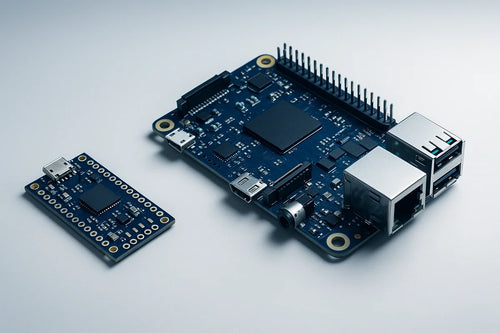Compact microcontroller board next to a larger single-board computer for size comparison