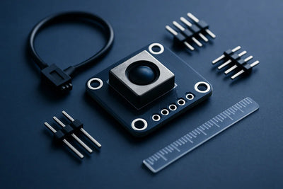A sensor module with a connector cable, pin headers and a ruler for scale