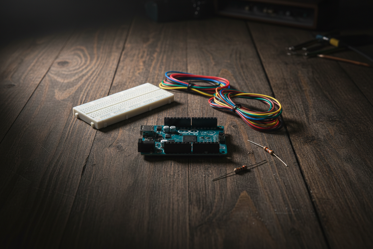 Arduino Uno R3 board lying flat on a dark wood workbench, surrounded by a breadboard, colorful jumper wires, and resistors