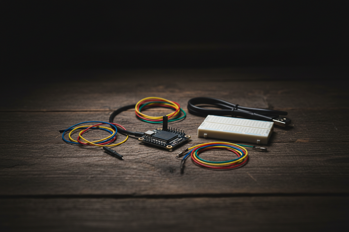 aESP32-C3 development board lying flat on a dark wood workbench, surrounded by a breadboard, colorful jumper wire coils, and a USB-C cable
