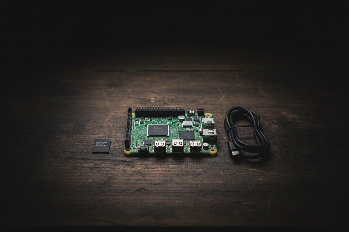 aRaspberry Pi 5 board with its green PCB, a microSD card, and a USB-C power cable, viewed from above on a dark wood workbench