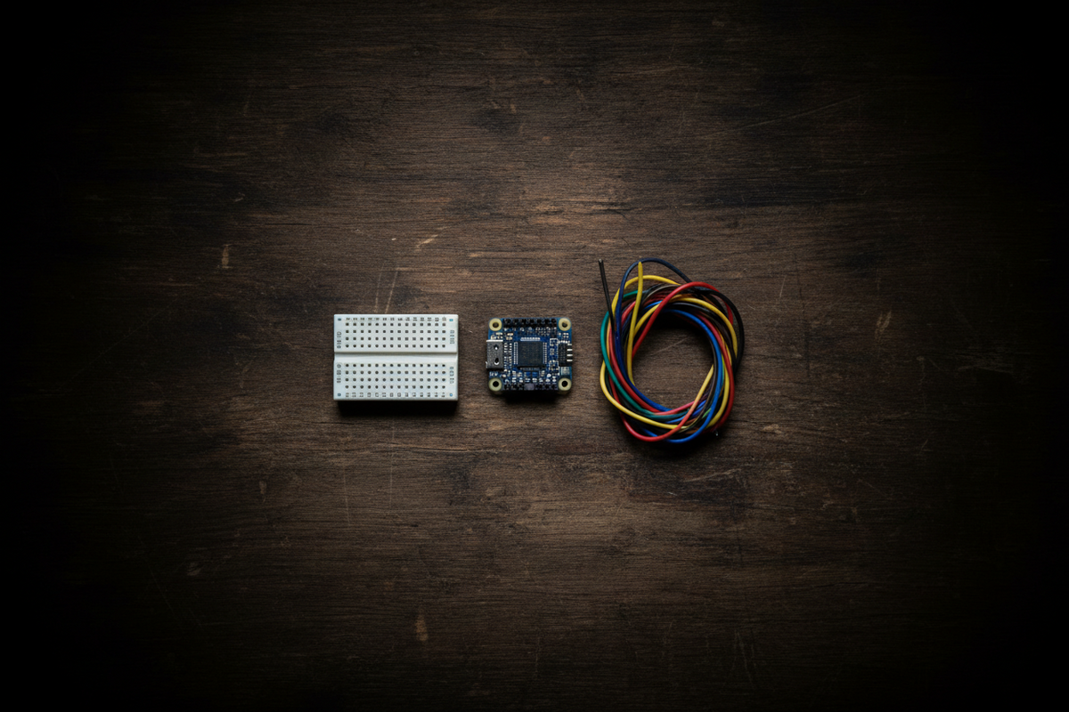 aRaspberry Pi Pico RP2040 board, a breadboard, and colorful jumper wires viewed from above on a dark wood workbench
