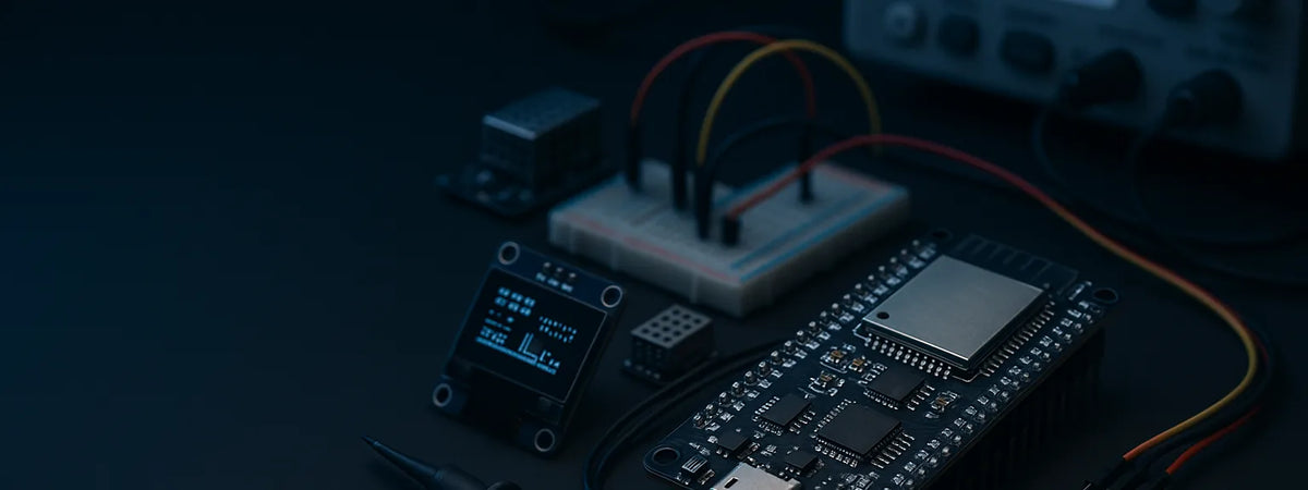 ESP32 development board and IoT electronics on a Nexus Micro Labs workbench
