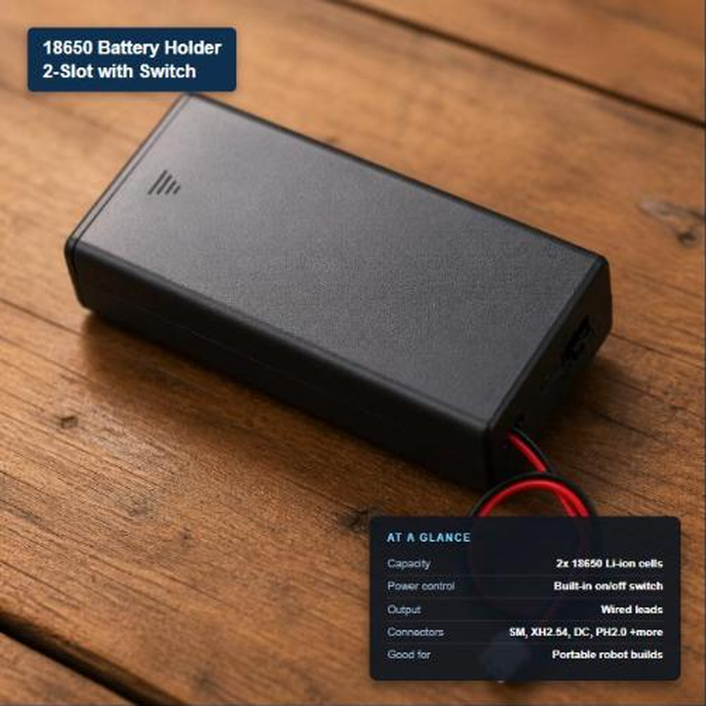 2-slot 18650 battery holder with built-in switch, shown with its key specs: 2 cells, on/off switch, wired leads, multiple connector options.