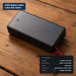 2-slot 18650 battery holder with built-in switch, shown with its key specs: 2 cells, on/off switch, wired leads, multiple connector options.