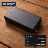 2-slot 18650 battery holder with built-in switch, shown with its key specs: 2 cells, on/off switch, wired leads, multiple connector options.