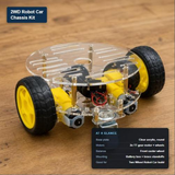 2WD robot car chassis kit with key specs: acrylic base, two TT gear motors, front caster wheel, battery box mount.