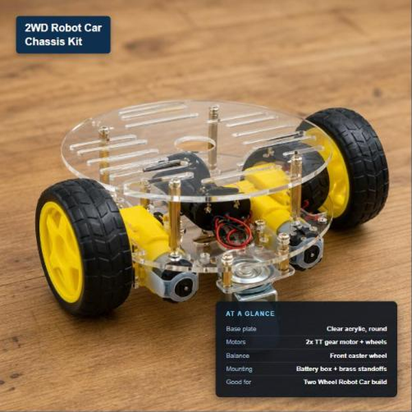 2WD robot car chassis kit with key specs: acrylic base, two TT gear motors, front caster wheel, battery box mount.