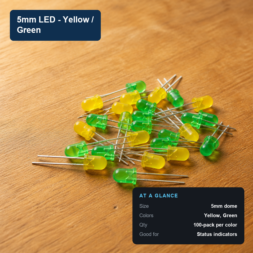 5mm through-hole LED, yellow and green, 100-pack per color