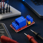 A red 1-channel 5V relay module with blue screw terminals on a dark workbench, surrounded by a softly blurred breadboard, jumper wires, and multimeter probes