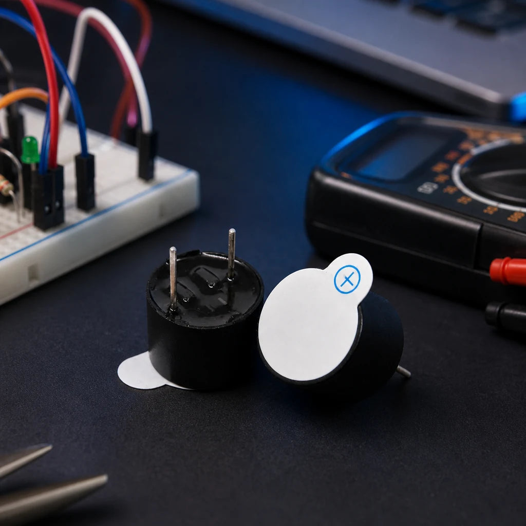 12mm active buzzer modules on an electronics workbench with a breadboard, jumper wires, and a multimeter.
