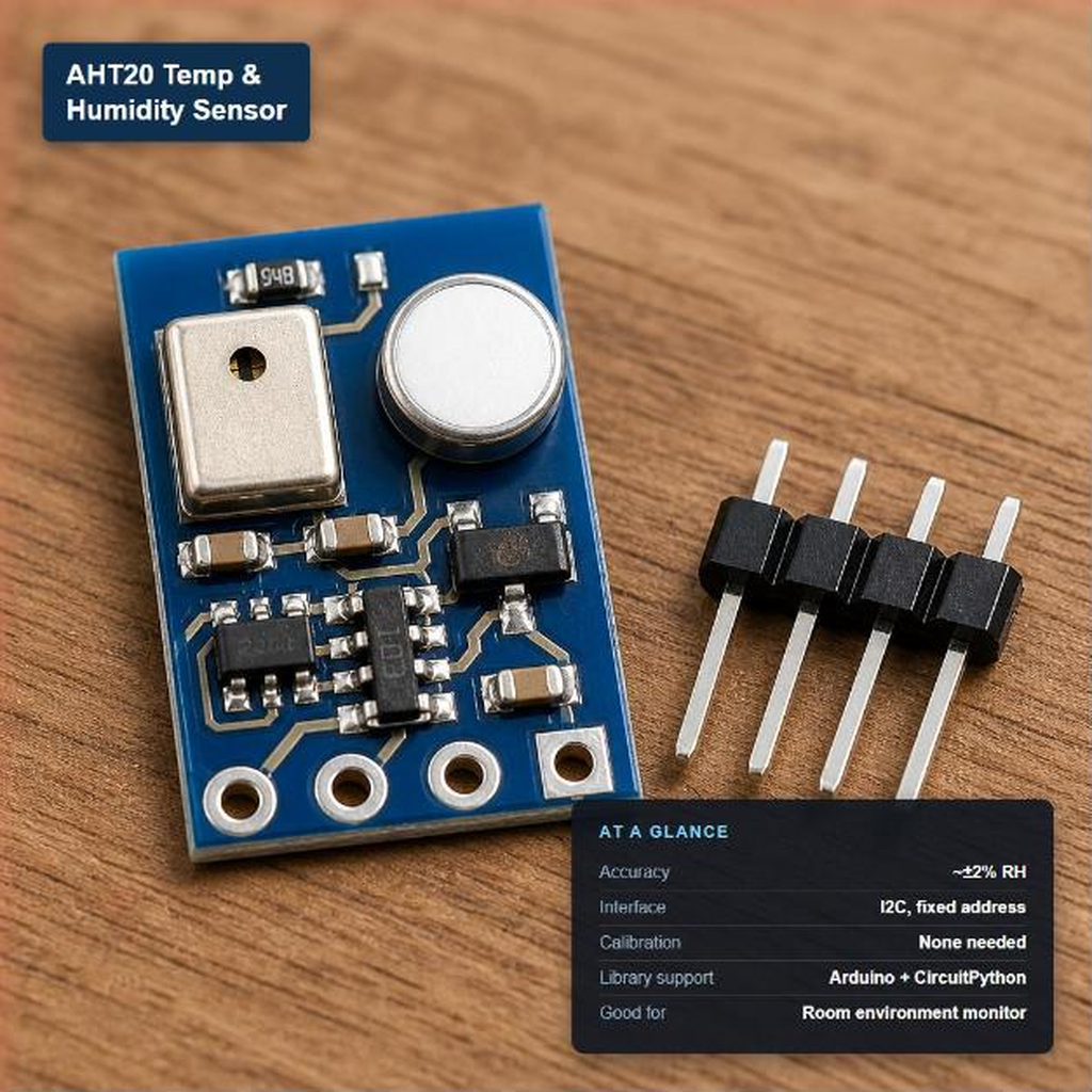 AHT20 I2C temperature and humidity sensor module with key specs: ~±2% RH accuracy, I2C fixed address, no calibration, Arduino/CircuitPython support.