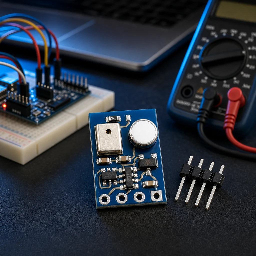 AHT20 temperature and humidity sensor module and its 4-pin header on an electronics workbench with test equipment.