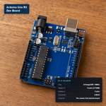 Arduino Uno R3 development board with at-a-glance spec card showing ATmega328P chip and 14 digital I/O pins