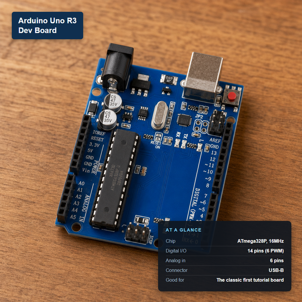 Arduino Uno R3 development board with at-a-glance spec card showing ATmega328P chip and 14 digital I/O pins