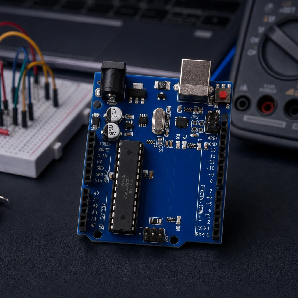 Arduino Uno R3 board upright on a dark workbench with a breadboard and jumper wires blurred behind it and a multimeter nearby