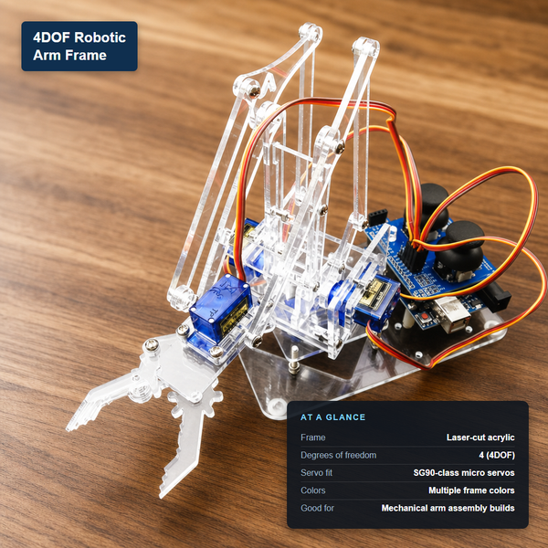 4DOF laser-cut acrylic robotic arm frame with at-a-glance spec card showing SG90-class servo compatibility