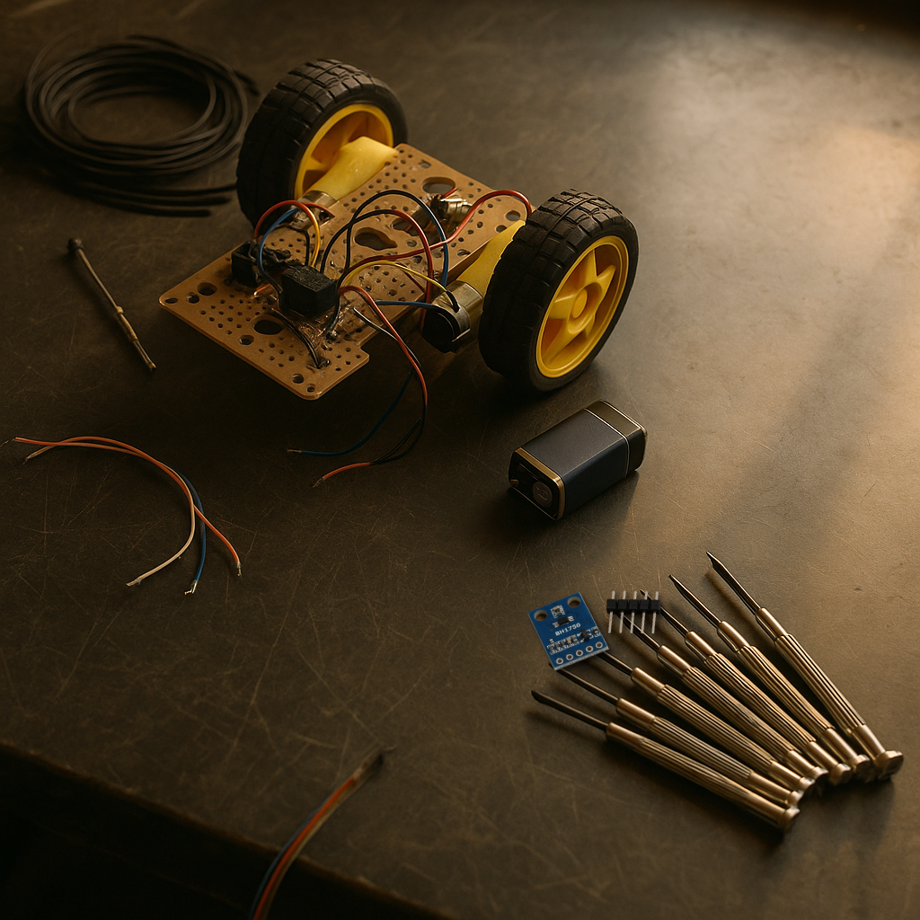 Real BH1750 ambient light sensor composited onto a dark scratched-metal desk scene with a 2-wheel robot chassis, a 9V battery, wiring, a screwdriver set, and a coiled ribbon cable.