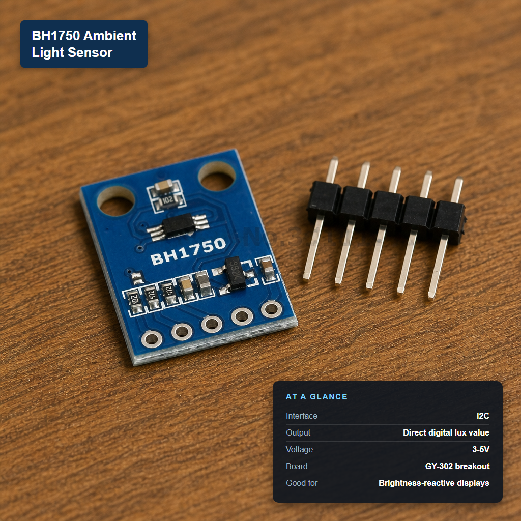 BH1750 ambient light sensor module (GY-302) with a black integrated circuit on a blue PCB, next to five 2-pin header pins, labeled with its at-a-glance specs: I2C interface, direct digital lux output, 3-5V.