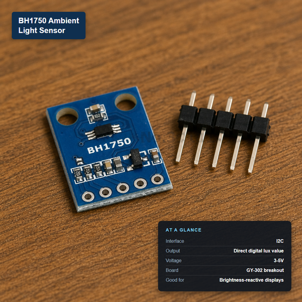 BH1750 ambient light sensor module (GY-302) with a black integrated circuit on a blue PCB, next to five 2-pin header pins, labeled with its at-a-glance specs: I2C interface, direct digital lux output, 3-5V.