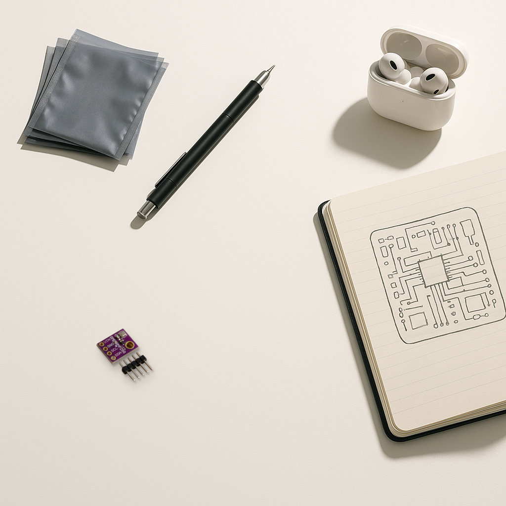 Real BMP280 barometric pressure sensor composited onto a minimal bright white desk scene with anti-static bags, a mechanical pencil, a notebook with a hand-drawn PCB sketch, and wireless earbuds in their case.