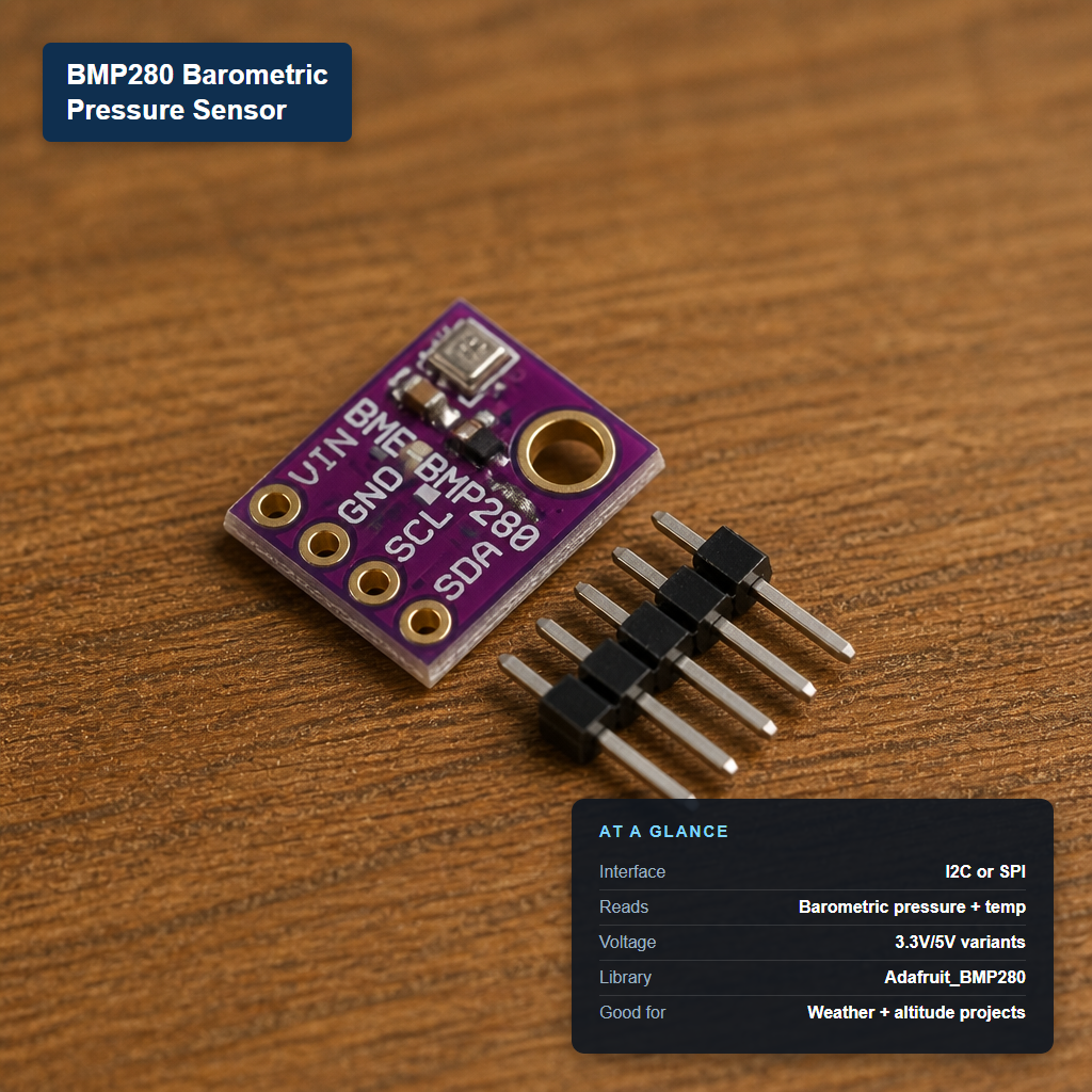 BMP280 barometric pressure sensor module on a purple PCB with a metal-can sensor, labeled with its at-a-glance specs: I2C or SPI interface, pressure and temperature readings, 3.3V/5V variants.
