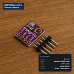 BMP280 barometric pressure sensor module on a purple PCB with a metal-can sensor, labeled with its at-a-glance specs: I2C or SPI interface, pressure and temperature readings, 3.3V/5V variants.