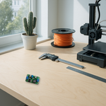 Real adjustable DC-DC boost converter module composited onto a bright daylight workbench scene: a 3D printer, a spool of orange filament, digital calipers, a metal ruler, and a potted cactus by a sunlit window.