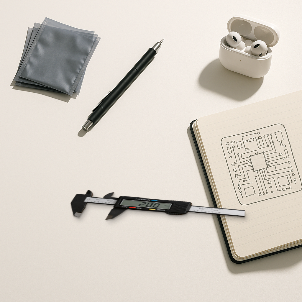 Digital calipers measuring on a bright minimal desk beside AirPods, a notebook, and anti-static bags