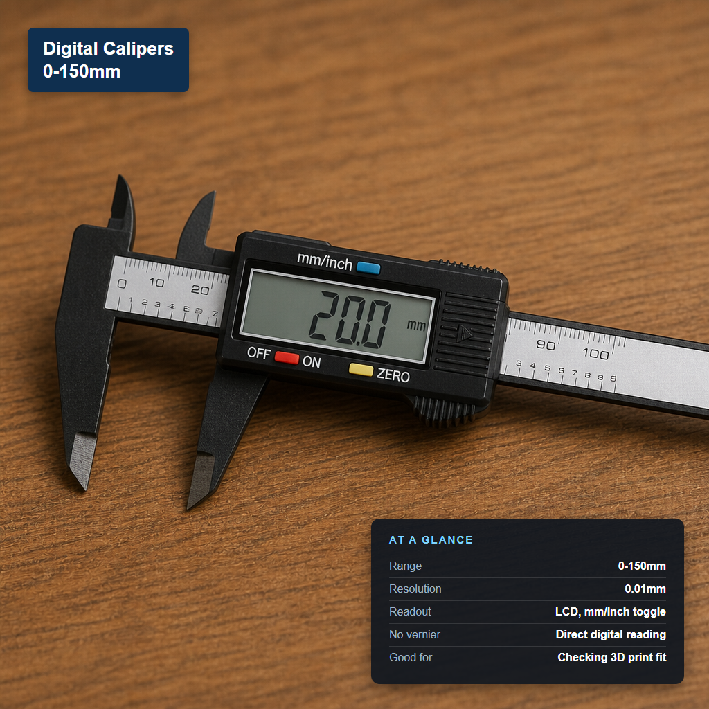 Digital calipers with LCD readout and at-a-glance spec card showing 0-150mm range and 0.01mm resolution