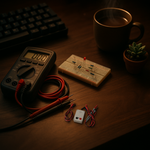 Real continuity tester box composited onto a workbench scene with a multimeter, a breadboard with LED and resistors, a mechanical keyboard, a mug of tea, and a small succulent plant.