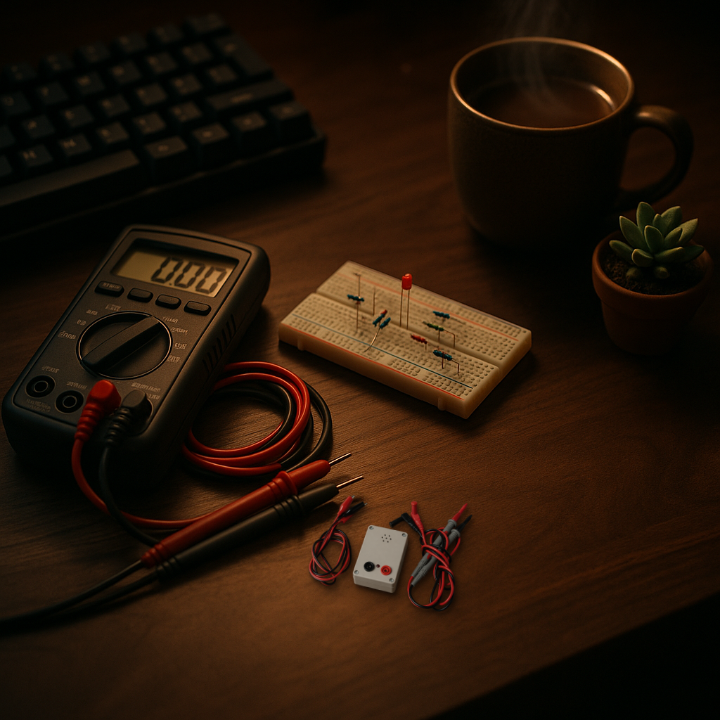 Real continuity tester box composited onto a workbench scene with a multimeter, a breadboard with LED and resistors, a mechanical keyboard, a mug of tea, and a small succulent plant.