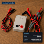 Continuity tester box with binding-post terminals, a probe lead pair, and an alligator-clip lead pair, labeled with its at-a-glance specs.
