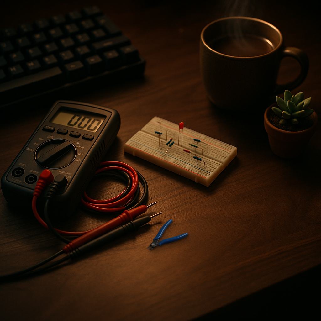 Real flush diagonal cutters composited onto a workbench scene with a multimeter, a breadboard with LED and resistors, a mug of tea, and a small succulent plant.