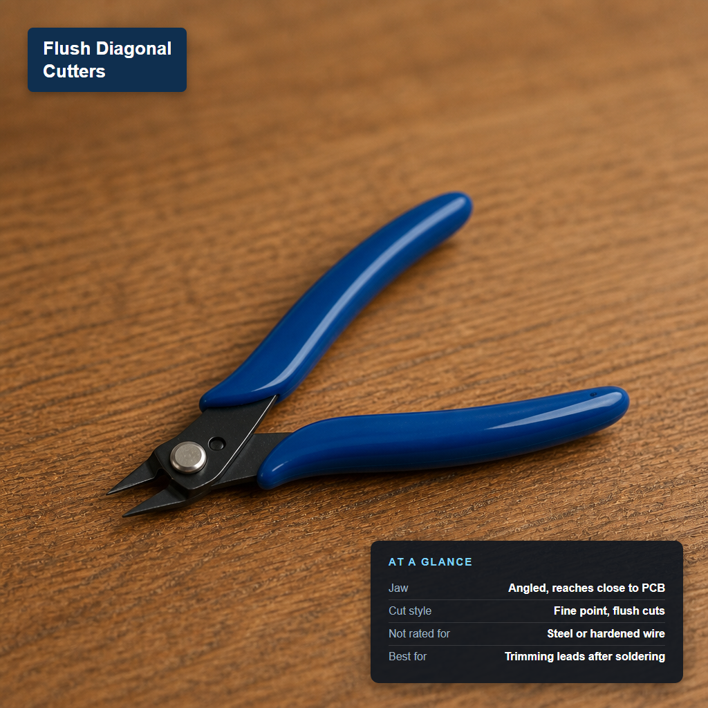 Flush diagonal cutters with blue handles and an angled black steel jaw, labeled with its at-a-glance specs.
