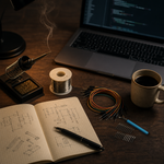 Real precision deburring knife set composited onto a maker's desk scene: soldering iron, solder spool, colorful jumper wires, a laptop, a cup of coffee, and a notebook with hand-drawn circuit sketches.