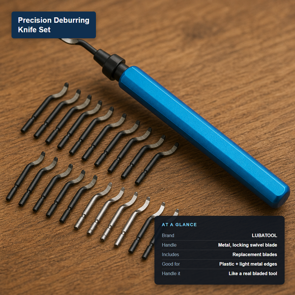LUBATOOL precision deburring knife with a metal locking swivel-blade handle and a full set of replacement blades, labeled with its at-a-glance specs.