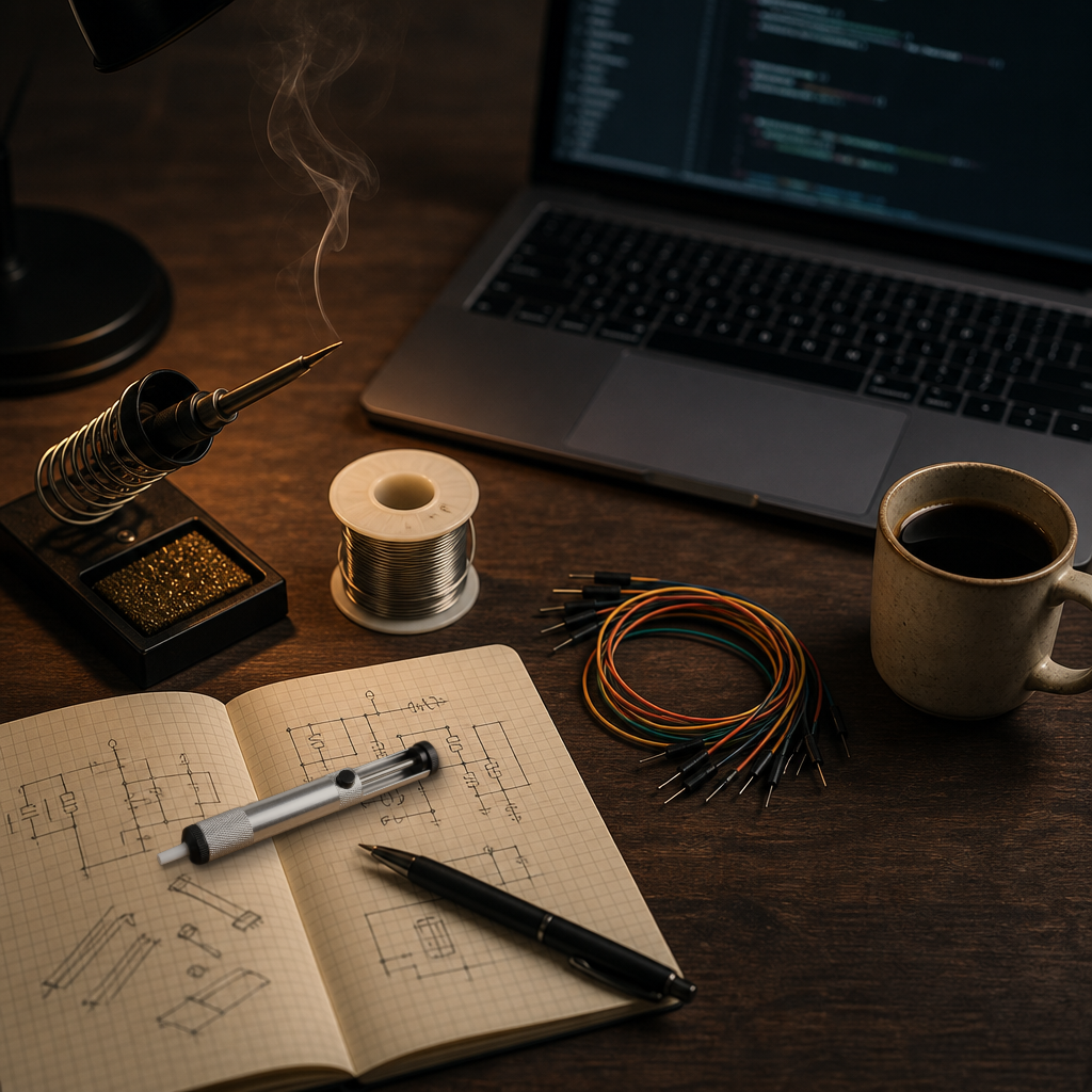 Real desoldering pump composited onto a moody workbench scene: a soldering iron and stand, a spool of solder wire, jumper wires, a laptop showing code, and a mug of coffee.