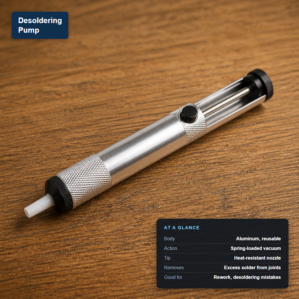 Metal-body desoldering pump with heat-resistant white nozzle, labeled with its at-a-glance specs: spring-loaded vacuum action, reusable aluminum body, removes excess solder from joints.
