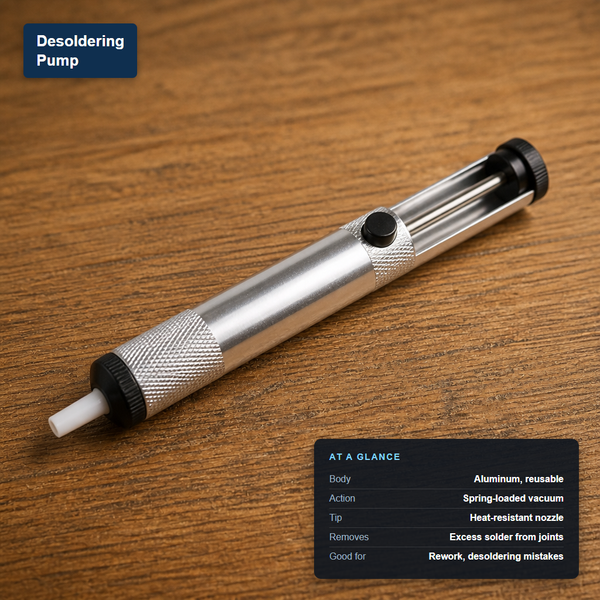 Metal-body desoldering pump with heat-resistant white nozzle, labeled with its at-a-glance specs: spring-loaded vacuum action, reusable aluminum body, removes excess solder from joints.