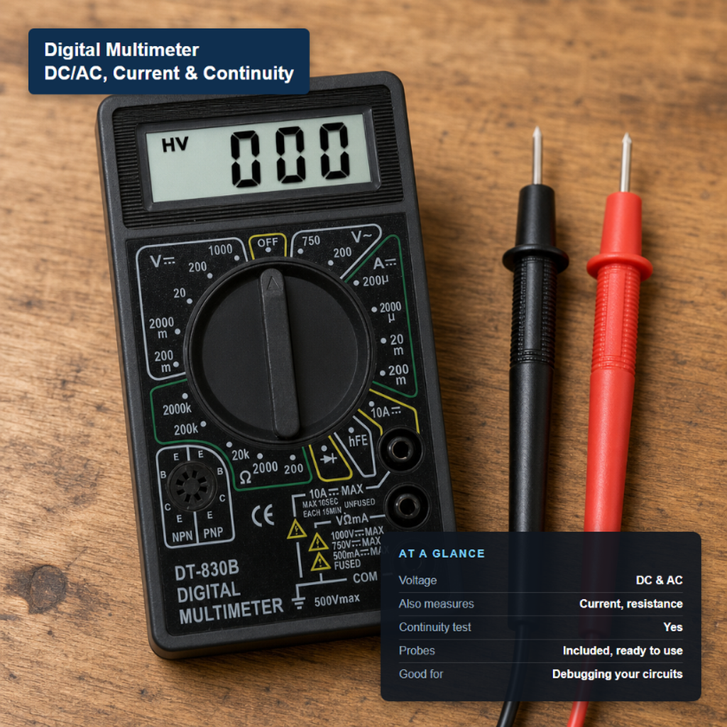 Digital multimeter (DT-830B) measuring DC/AC voltage, current, resistance, and continuity, shown with its key specs.