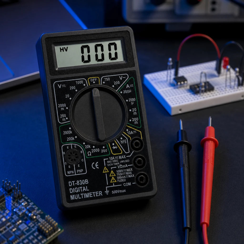 Digital multimeter with red and black test probes on an electronics workbench, dial set near a breadboard circuit.