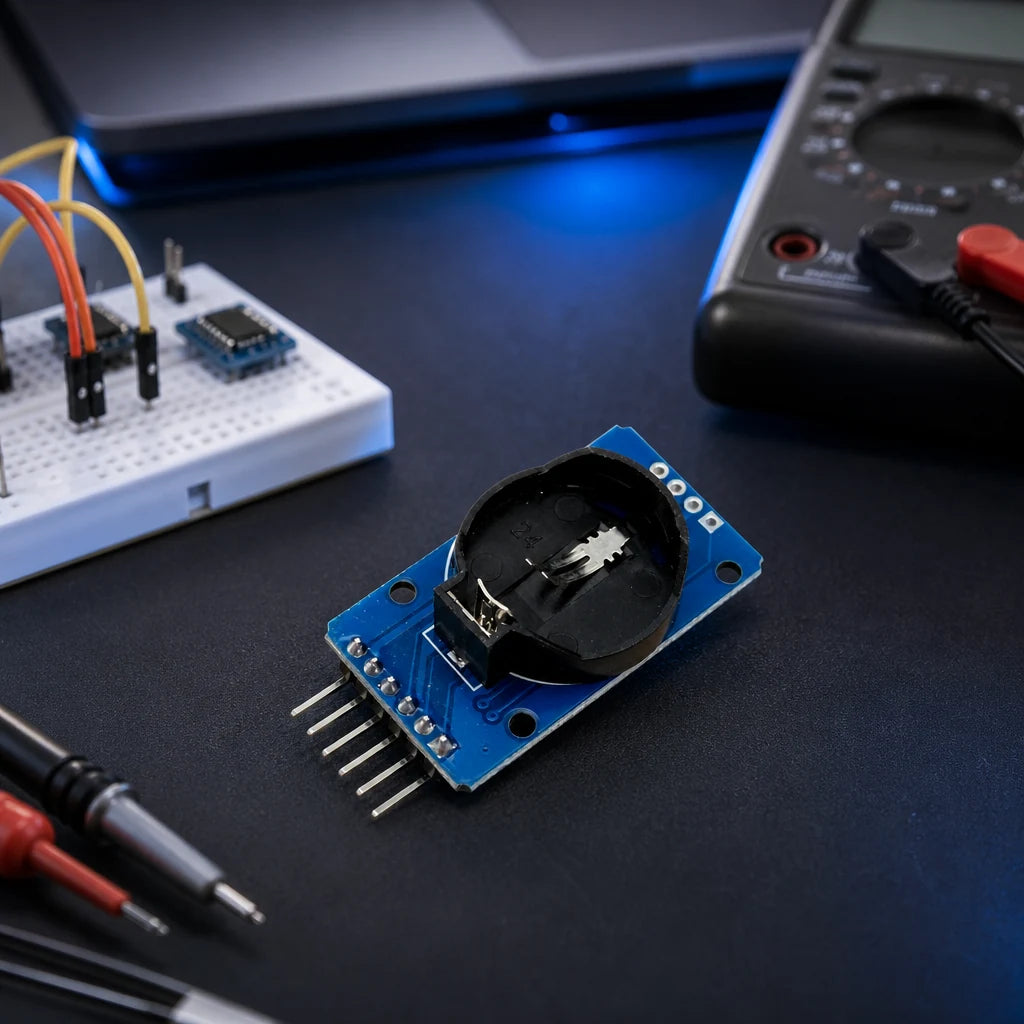 DS3231 RTC module with coin-cell battery on a workbench next to a breadboard and multimeter, used for accurate, battery-backed timekeeping in data-logging projects.