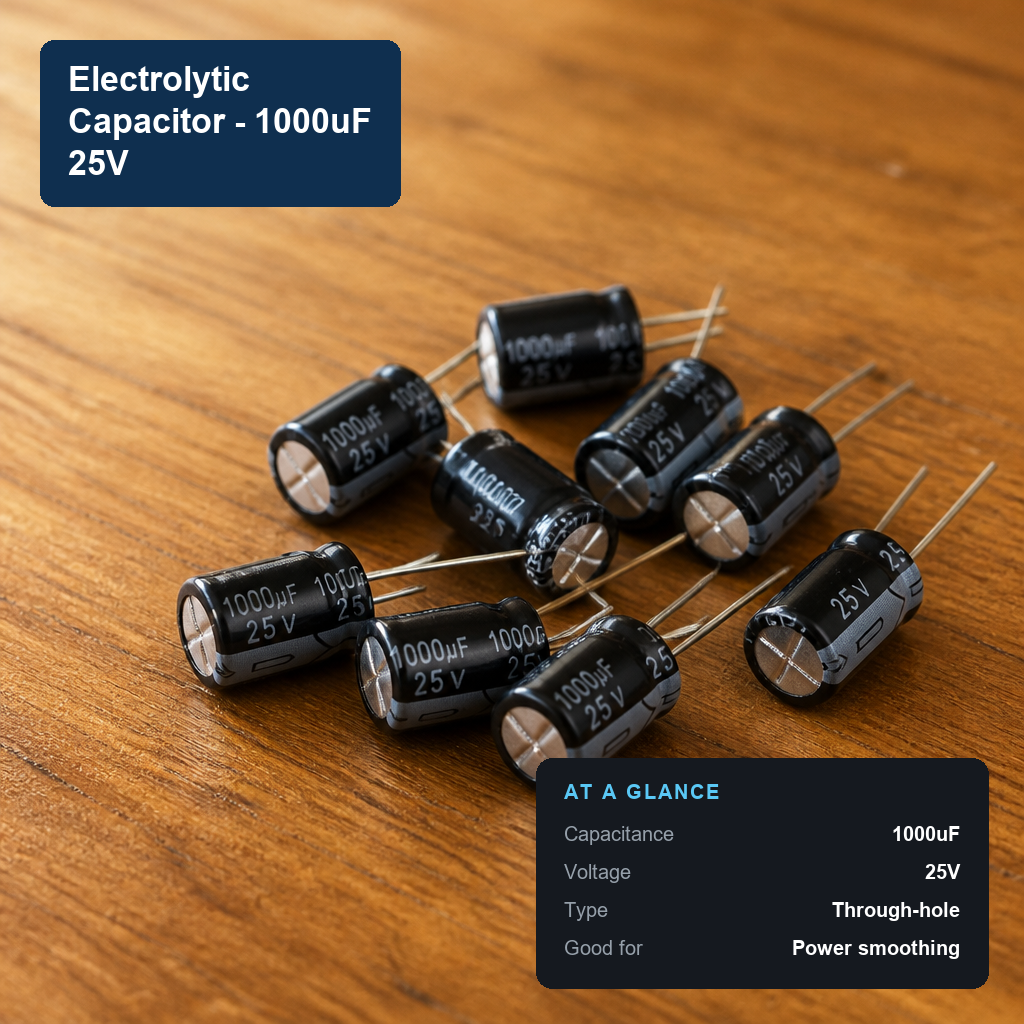 1000uF 25V aluminum electrolytic capacitor, through-hole, 10-pack