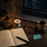 Real ESD anti-static bench mat composited onto a maker's desk scene: soldering iron, solder spool, colorful jumper wires, a laptop, a cup of coffee, and a notebook with hand-drawn circuit sketches.