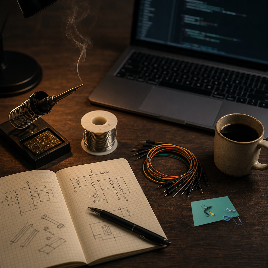 Real ESD anti-static bench mat composited onto a maker's desk scene: soldering iron, solder spool, colorful jumper wires, a laptop, a cup of coffee, and a notebook with hand-drawn circuit sketches.