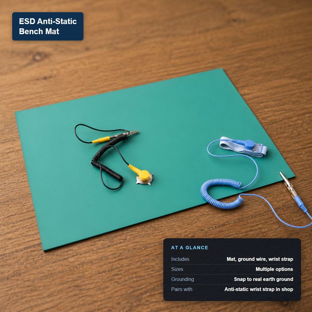 ESD anti-static bench mat kit with grounding wire and wrist strap, labeled with its at-a-glance specs.