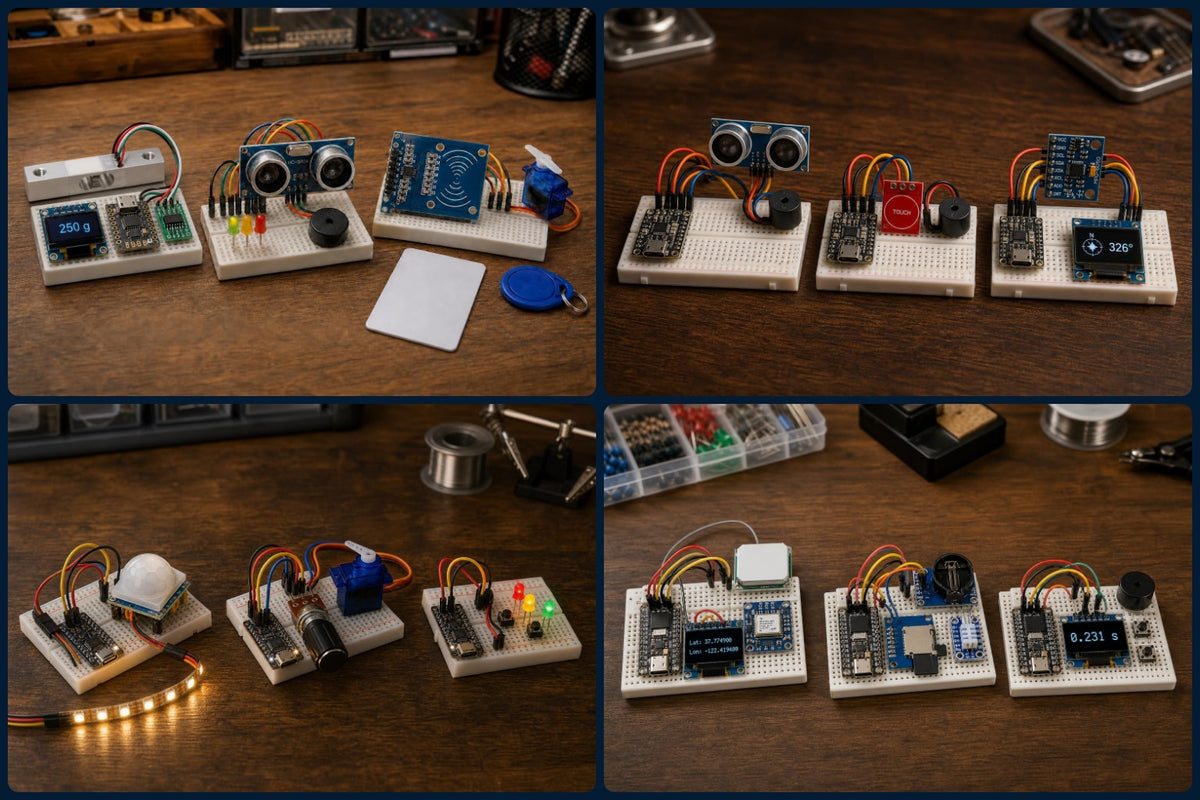 Twelve example electronics projects built from our kits